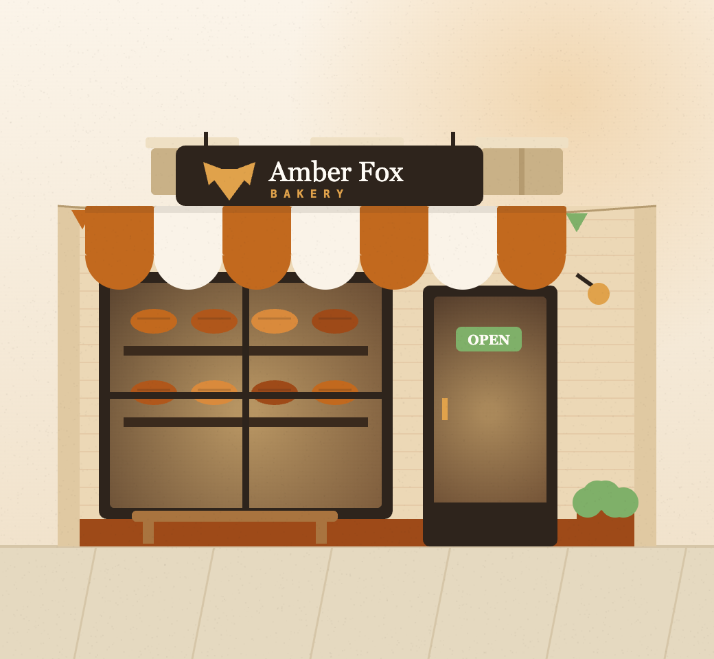 Amber Fox Bakery storefront on the corner of Main and Myrtle