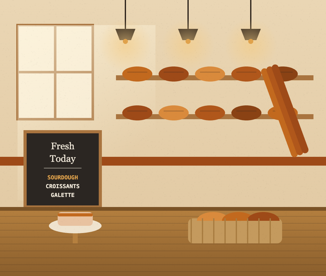 Inside the Amber Fox bakery, shelves of fresh bread