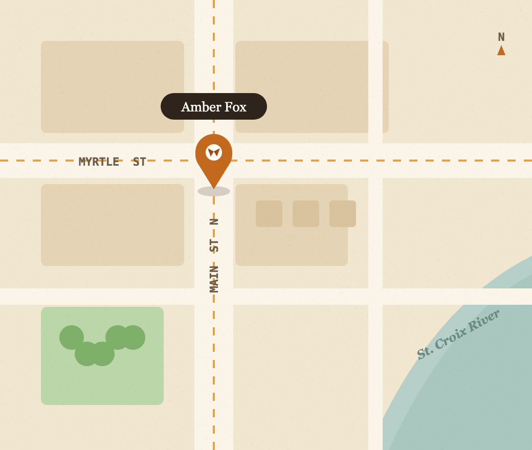 Map showing Amber Fox Bakery at the corner of Main and Myrtle
